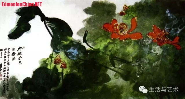张大千先生画泼彩《荷花》.jpg